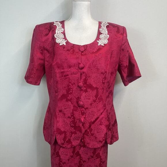 Vintage Melissa 2pc Blazer Skirt Suit Plus sz 16W Pink Brocade Lace Beads 80's - Picture 3 of 14